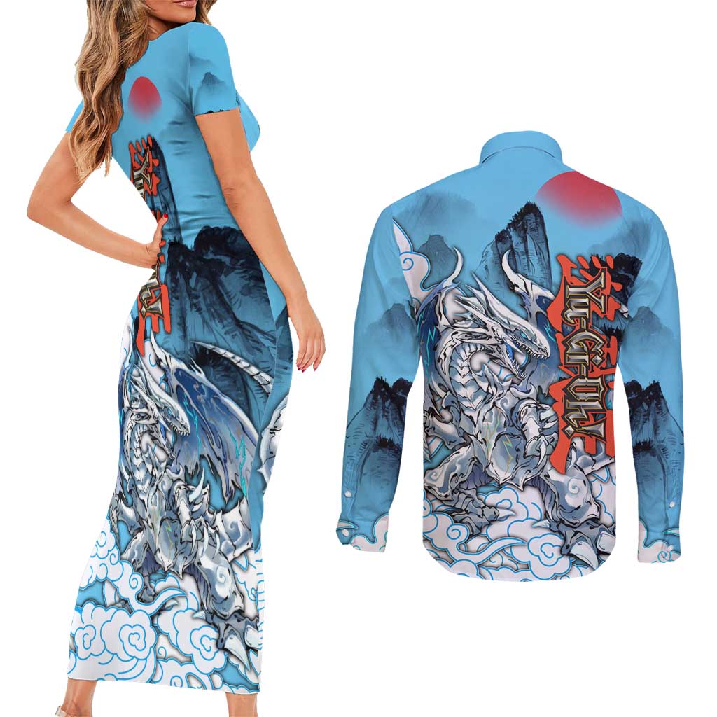 Blue-Eyes White Dragon Couples Matching Short Sleeve Bodycon Dress and Long Sleeve Button Shirt Anime Japan Art Style