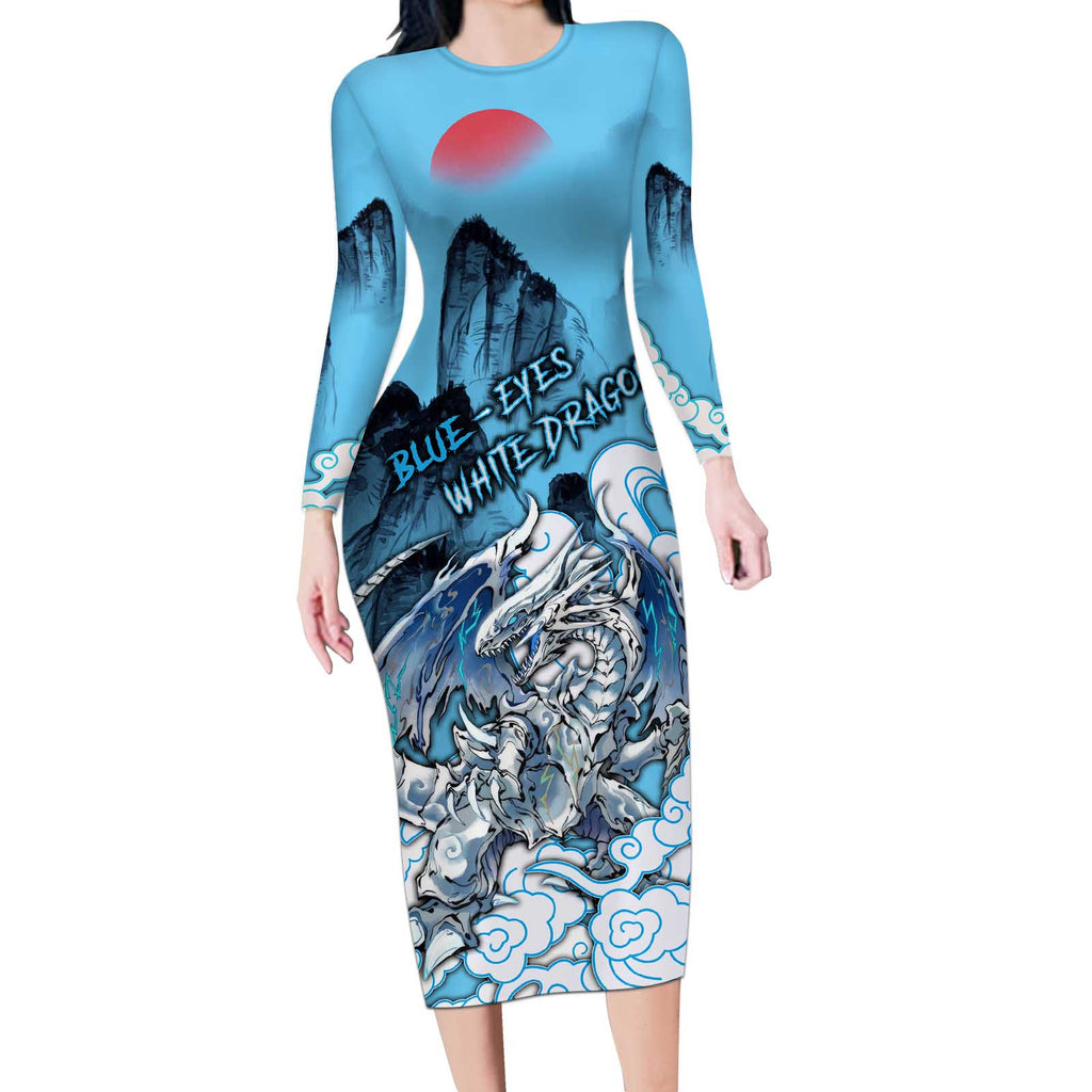 Blue-Eyes White Dragon Long Sleeve Bodycon Dress Anime Japan Art Style