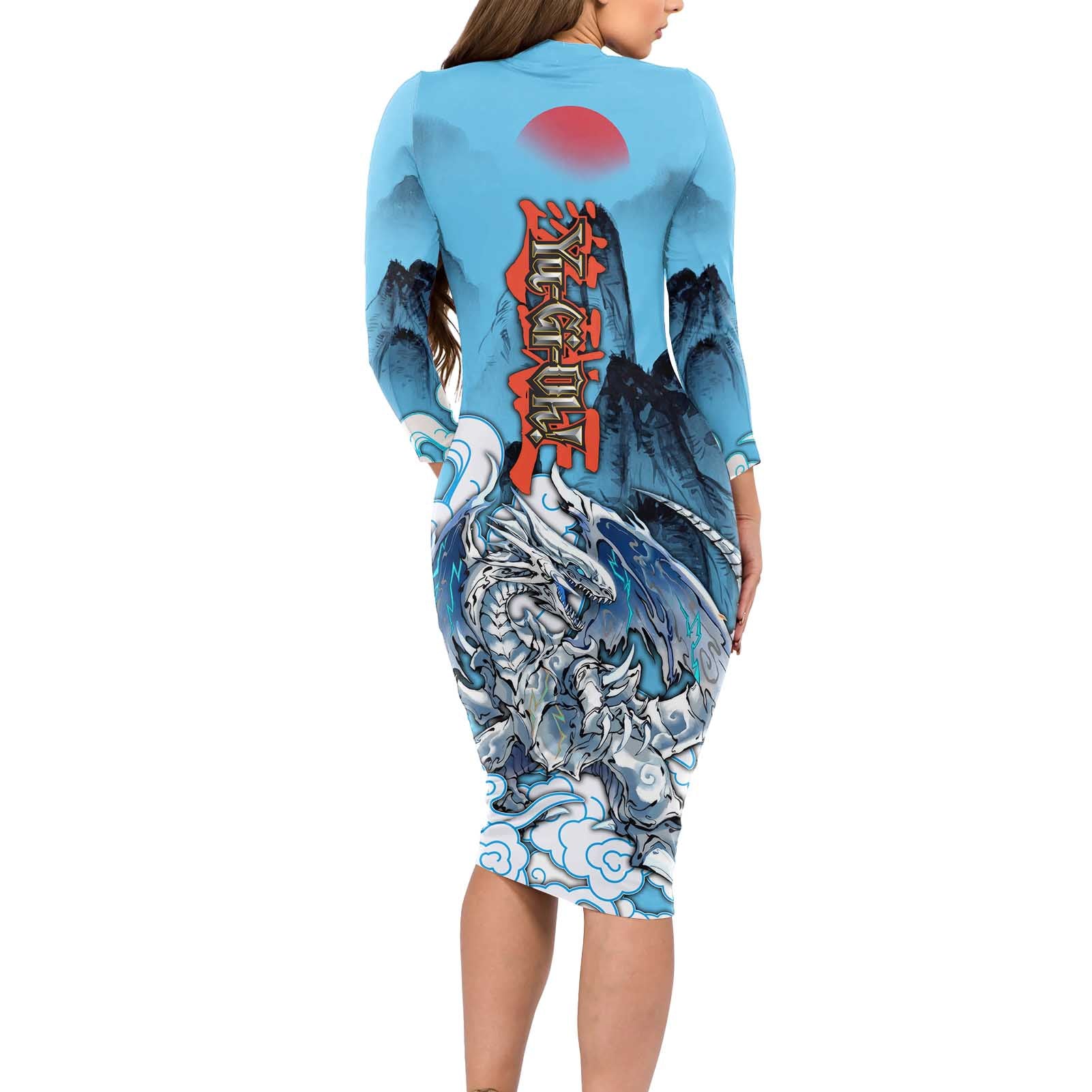 Blue-Eyes White Dragon Long Sleeve Bodycon Dress Anime Japan Art Style