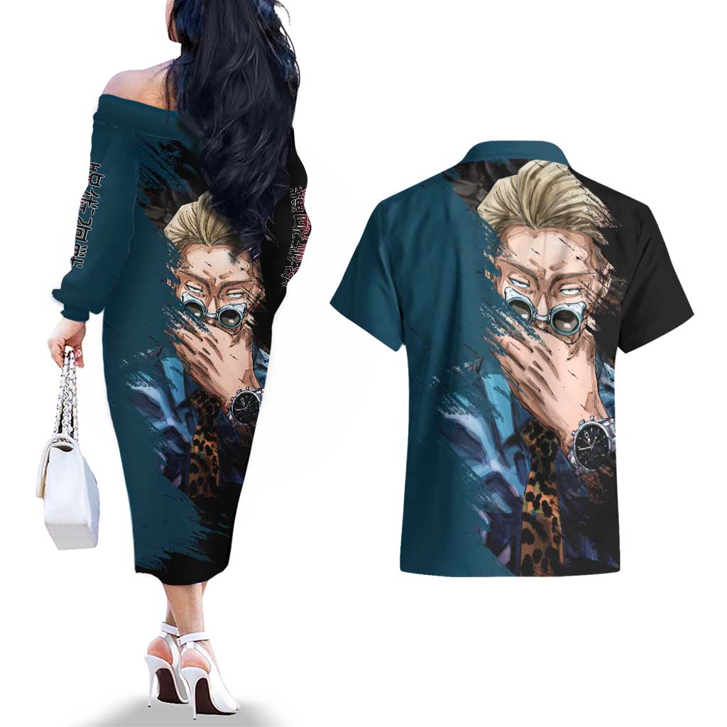 Nanami Kento - Jujutsu Kaisen Couples Matching Off The Shoulder Long Sleeve Dress and Hawaiian Shirt Anime Mix Manga Style