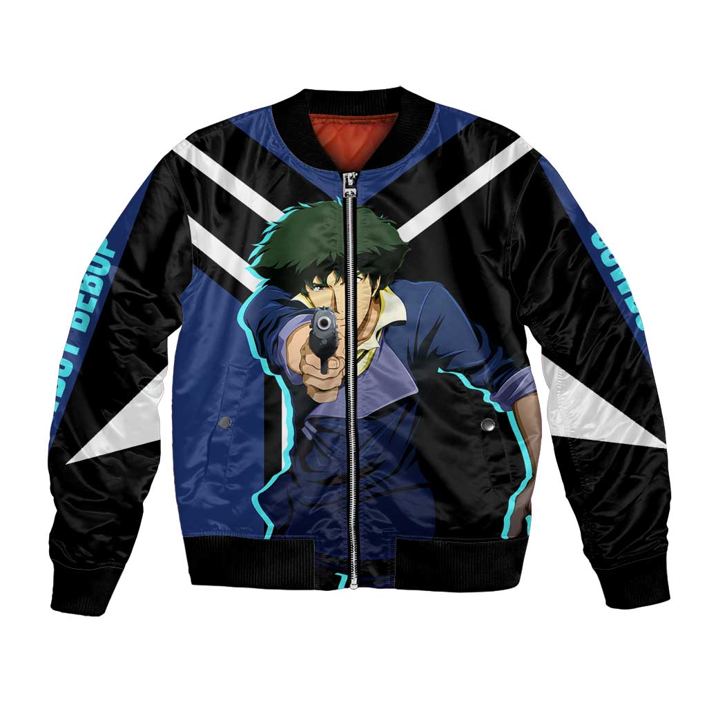 Spike Spiegel Cowboy Bebop Bomber Jacket with Cool Gun Pose and Stylish Space Design - The Mazicc