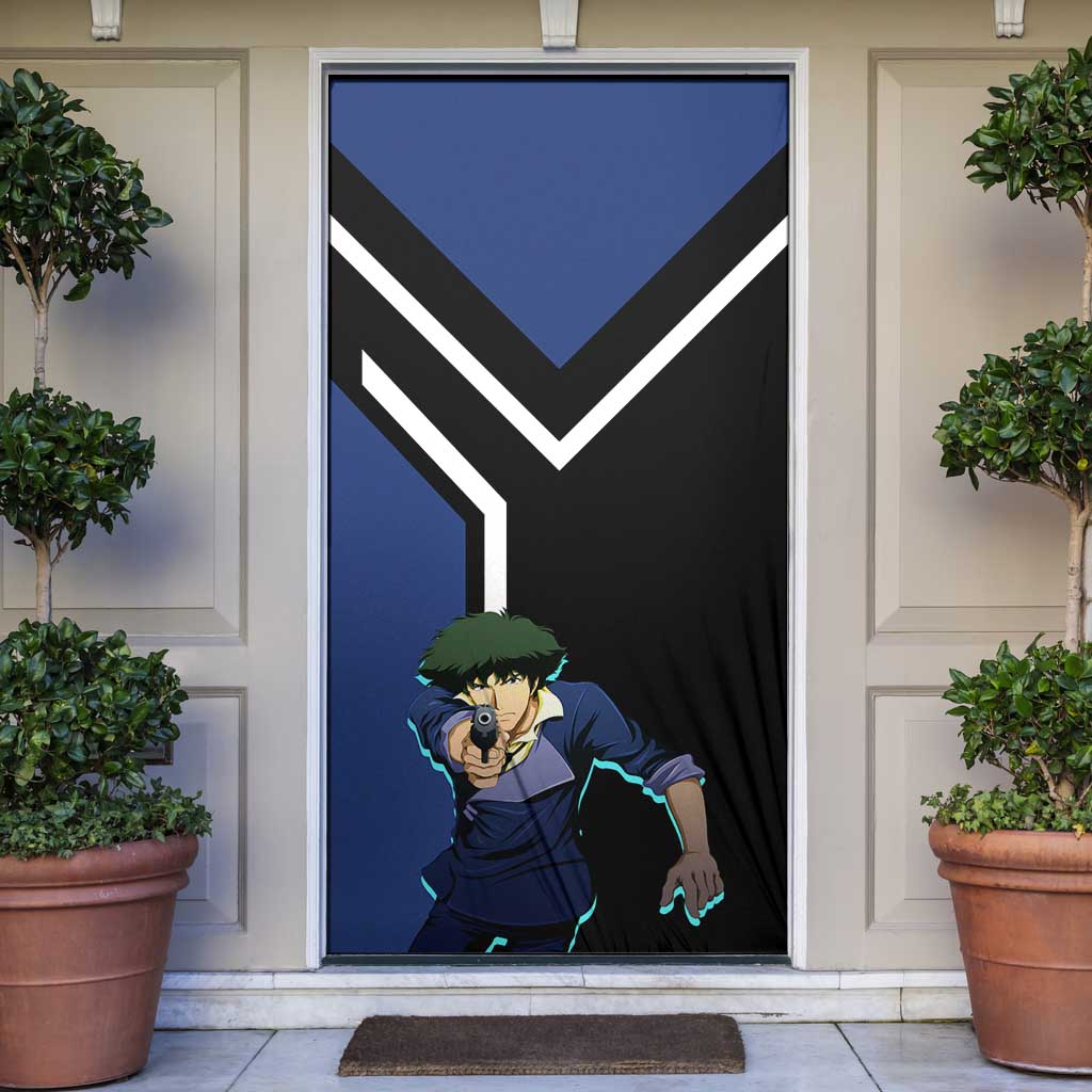 Spike Spiegel Cowboy Bebop Door Cover with Cool Gun Pose and Stylish Space Design - The Mazicc