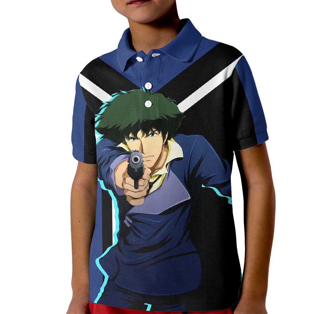 Spike Spiegel Cowboy Bebop Kid Polo Shirt with Cool Gun Pose and Stylish Space Design - The Mazicc