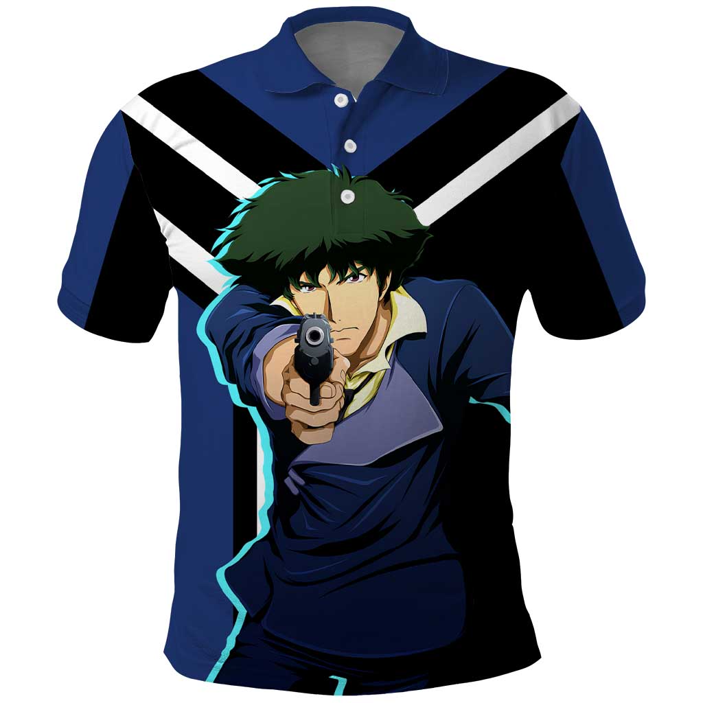Spike Spiegel Cowboy Bebop Polo Shirt with Cool Gun Pose and Stylish Space Design - The Mazicc