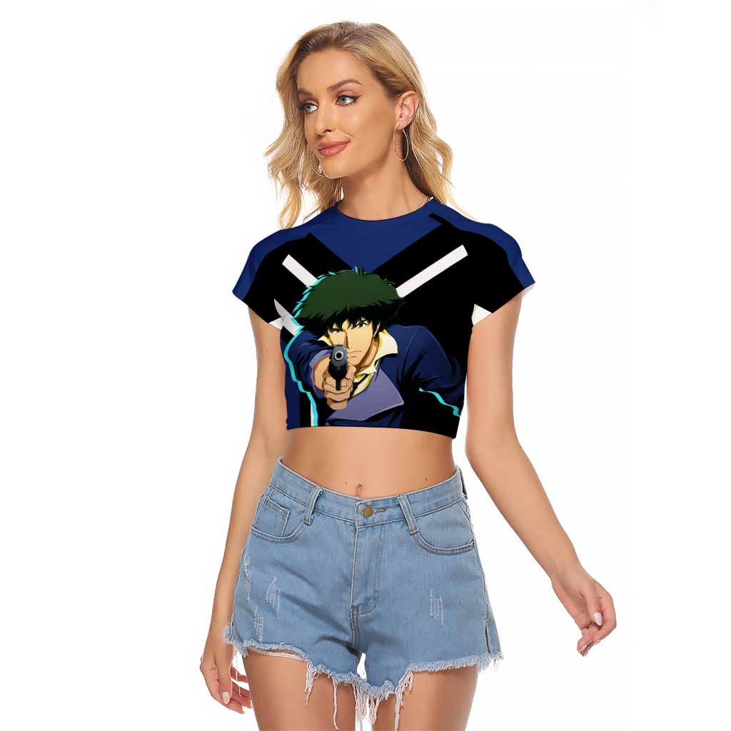Spike Spiegel Cowboy Bebop Raglan Cropped T Shirt with Cool Gun Pose and Stylish Space Design - The Mazicc