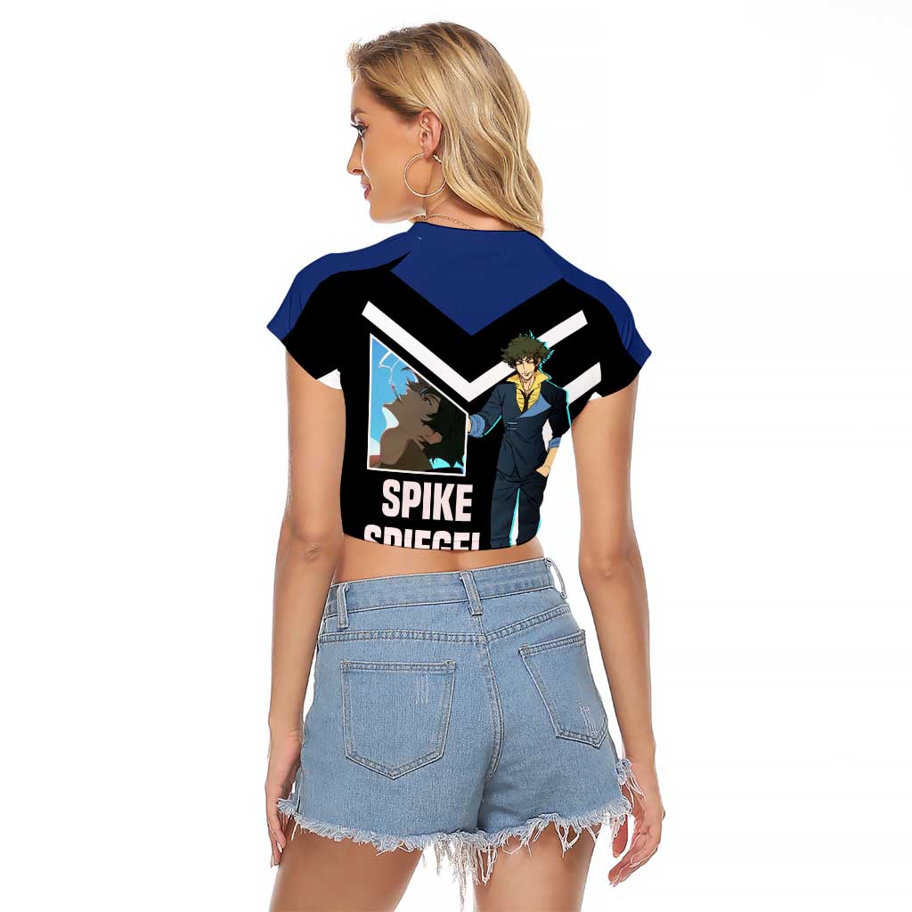 Spike Spiegel Cowboy Bebop Raglan Cropped T Shirt with Cool Gun Pose and Stylish Space Design - The Mazicc