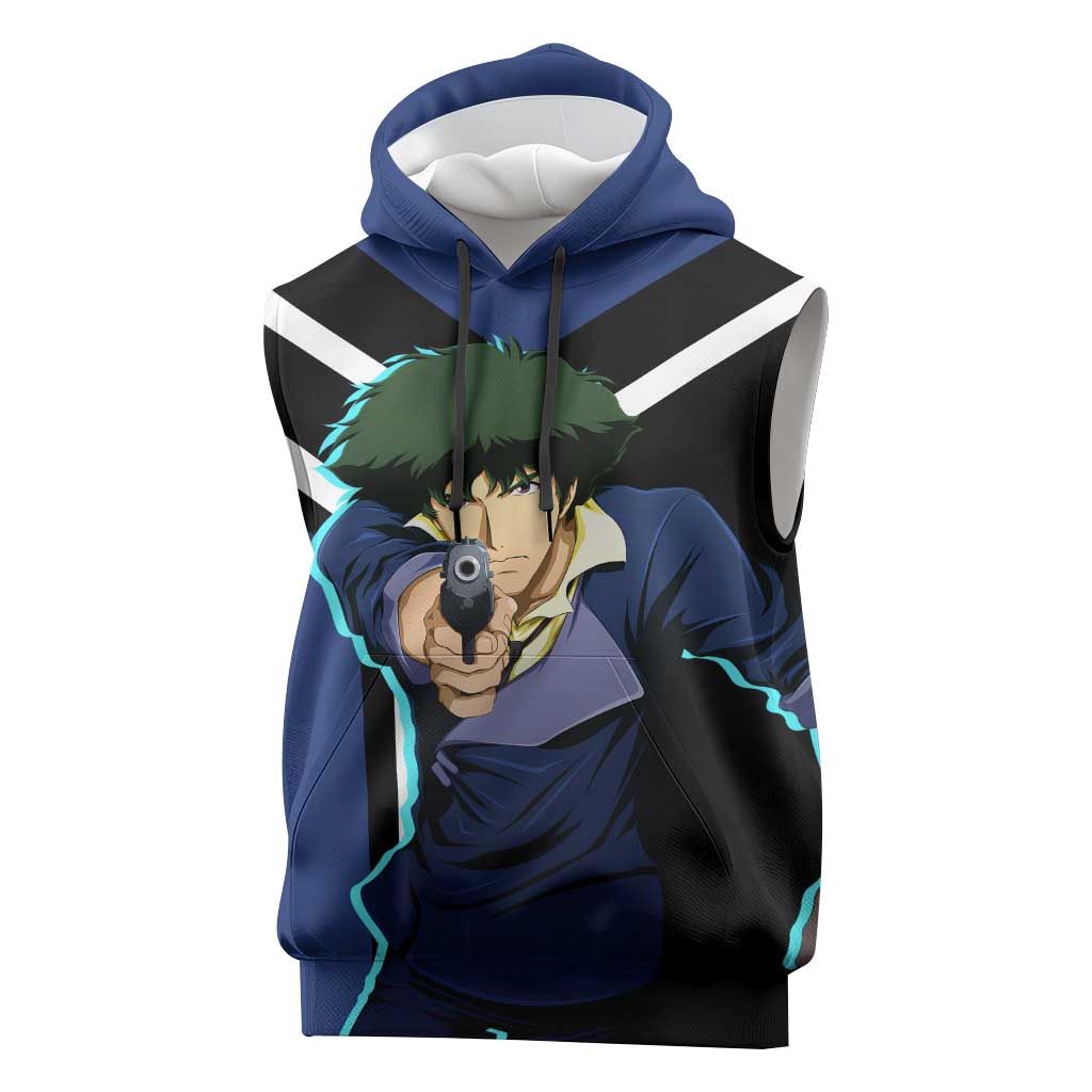 Spike Spiegel Cowboy Bebop Sleeveless Hoodie with Cool Gun Pose and Stylish Space Design - The Mazicc
