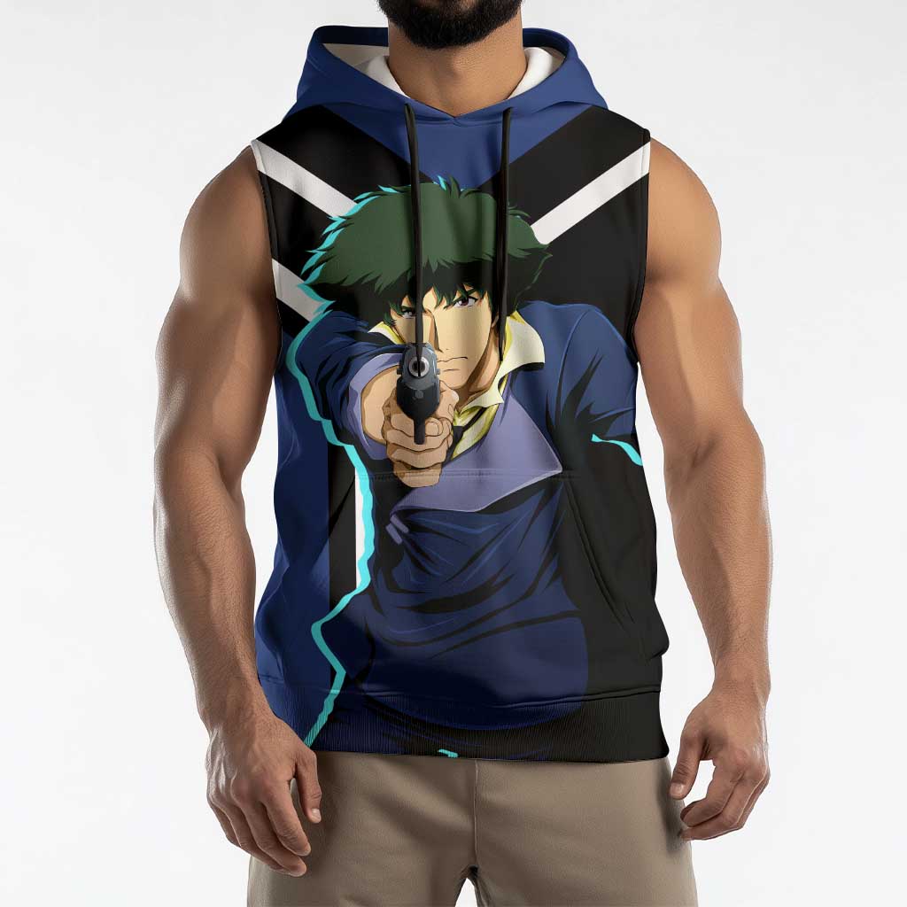 Spike Spiegel Cowboy Bebop Sleeveless Hoodie with Cool Gun Pose and Stylish Space Design - The Mazicc