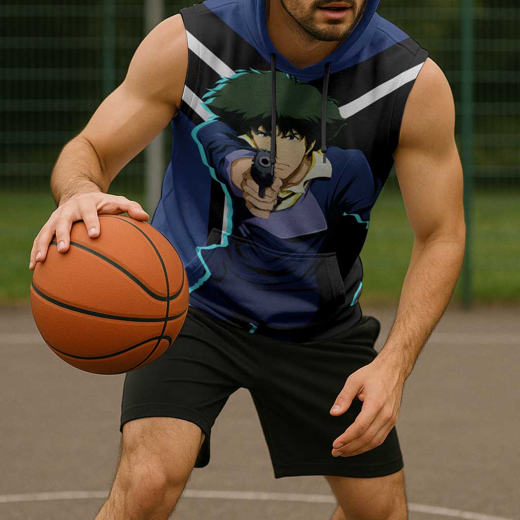 Spike Spiegel Cowboy Bebop Sleeveless Hoodie with Cool Gun Pose and Stylish Space Design - The Mazicc