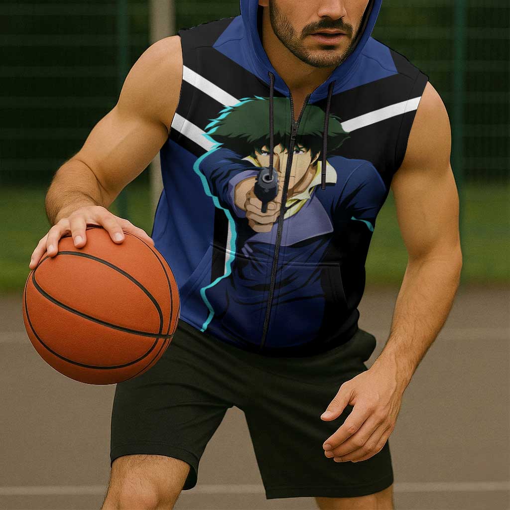 Spike Spiegel Cowboy Bebop Sleeveless Zip Hoodie with Cool Gun Pose and Stylish Space Design - The Mazicc