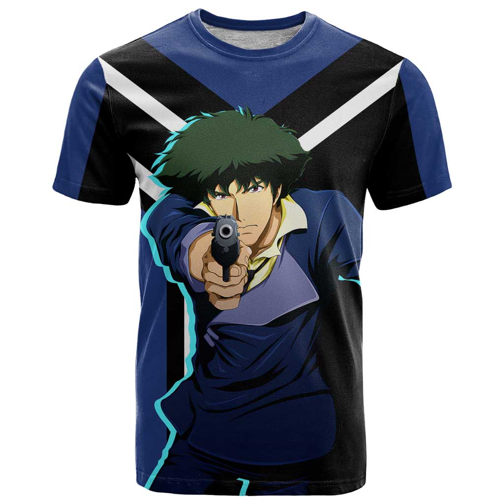 Spike Spiegel Cowboy Bebop T Shirt with Cool Gun Pose and Stylish Space Design - The Mazicc