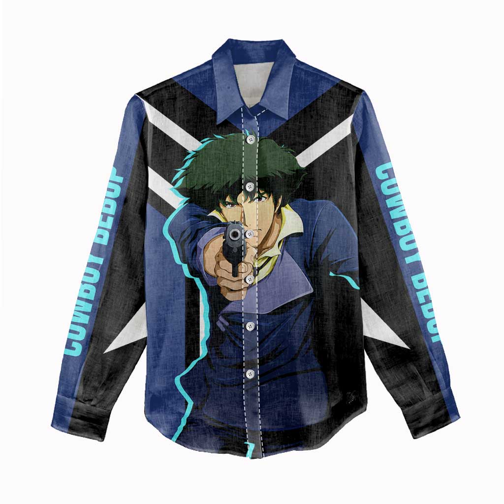 Spike Spiegel Cowboy Bebop Women Casual Shirt with Cool Gun Pose and Stylish Space Design - The Mazicc