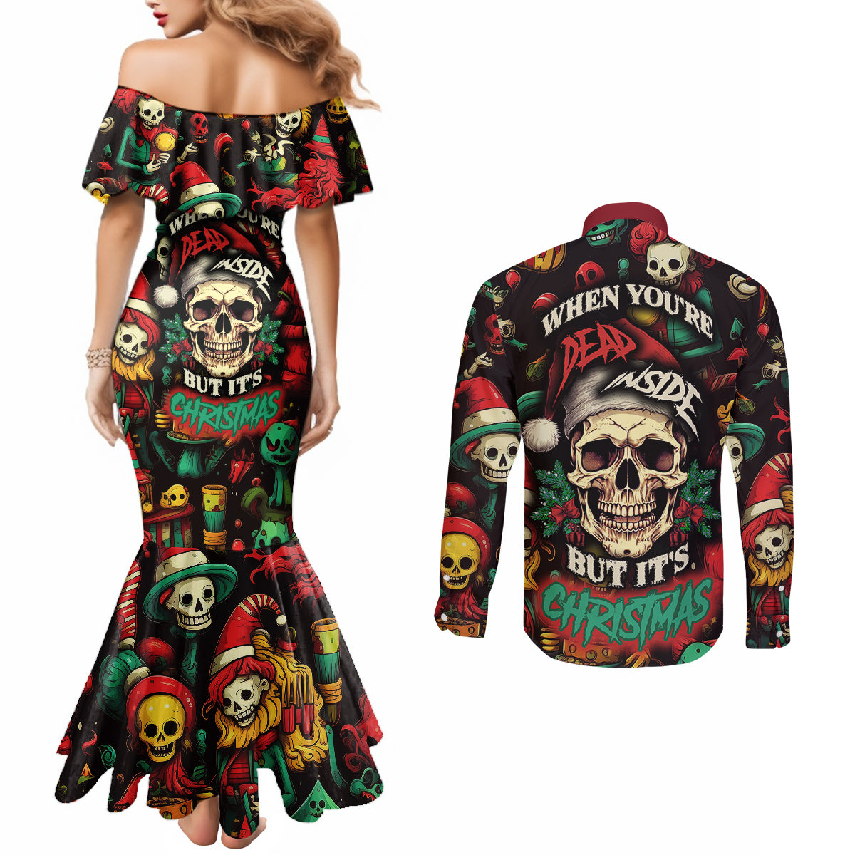 skull-christmas-couples-matching-mermaid-dress-and-long-sleeve-button-shirts-when-youre-dead-inside-but-its-christmas