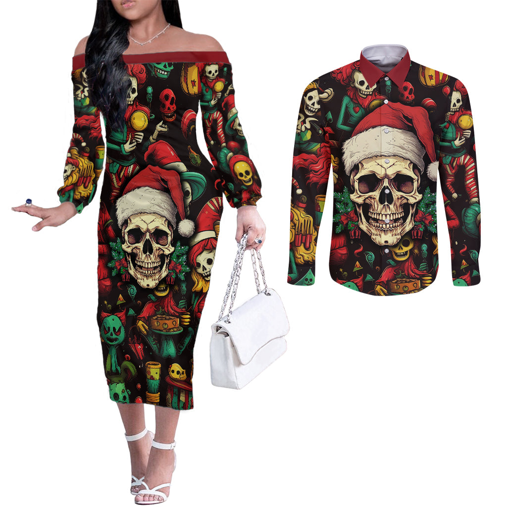 skull-christmas-couples-matching-off-the-shoulder-long-sleeve-dress-and-long-sleeve-button-shirts-when-youre-dead-inside-but-its-christmas