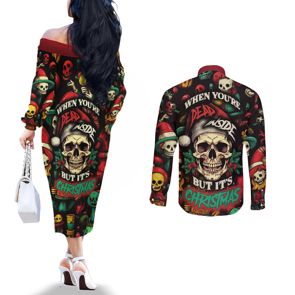 skull-christmas-couples-matching-off-the-shoulder-long-sleeve-dress-and-long-sleeve-button-shirts-when-youre-dead-inside-but-its-christmas