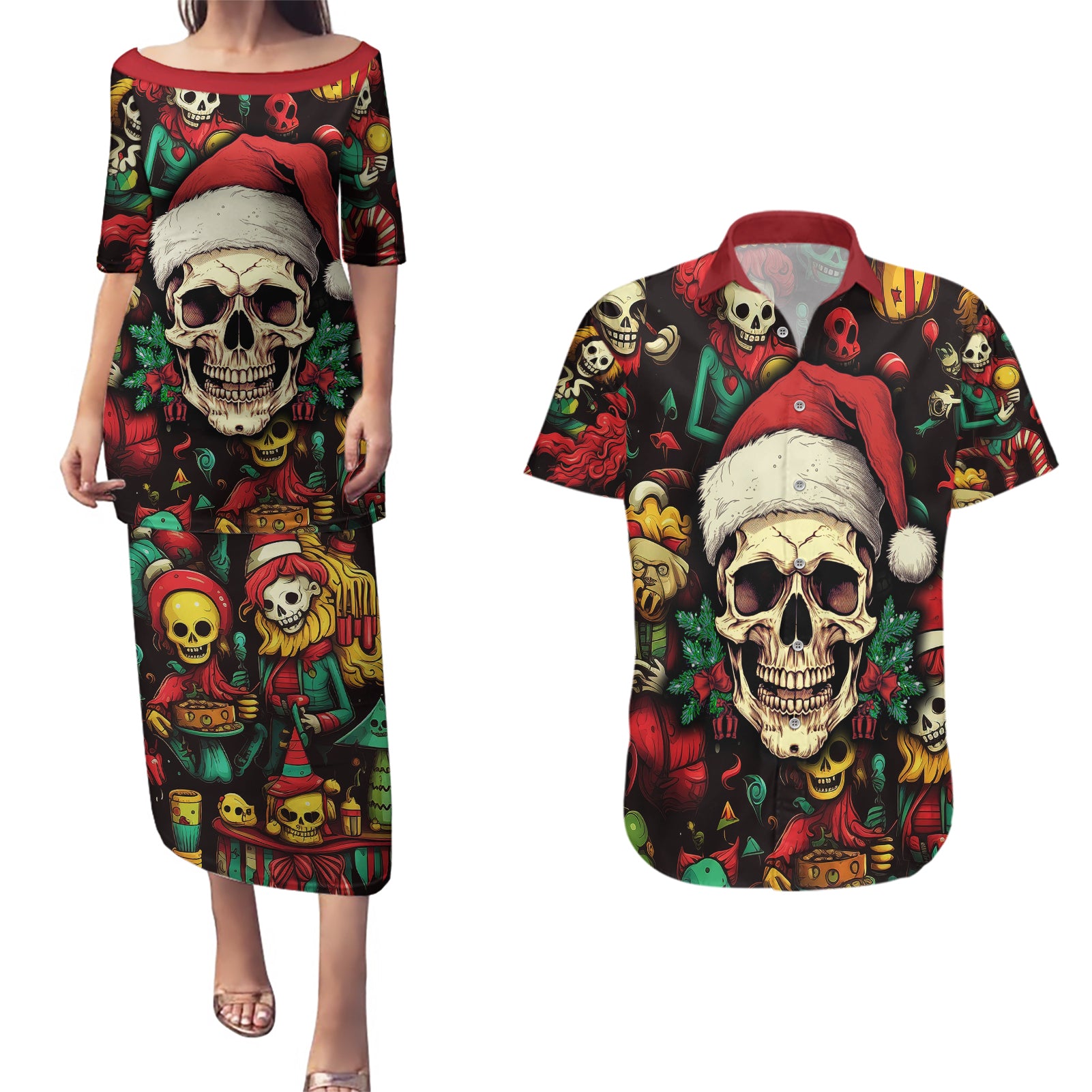 skull-christmas-couples-matching-puletasi-dress-and-hawaiian-shirt-when-youre-dead-inside-but-its-christmas