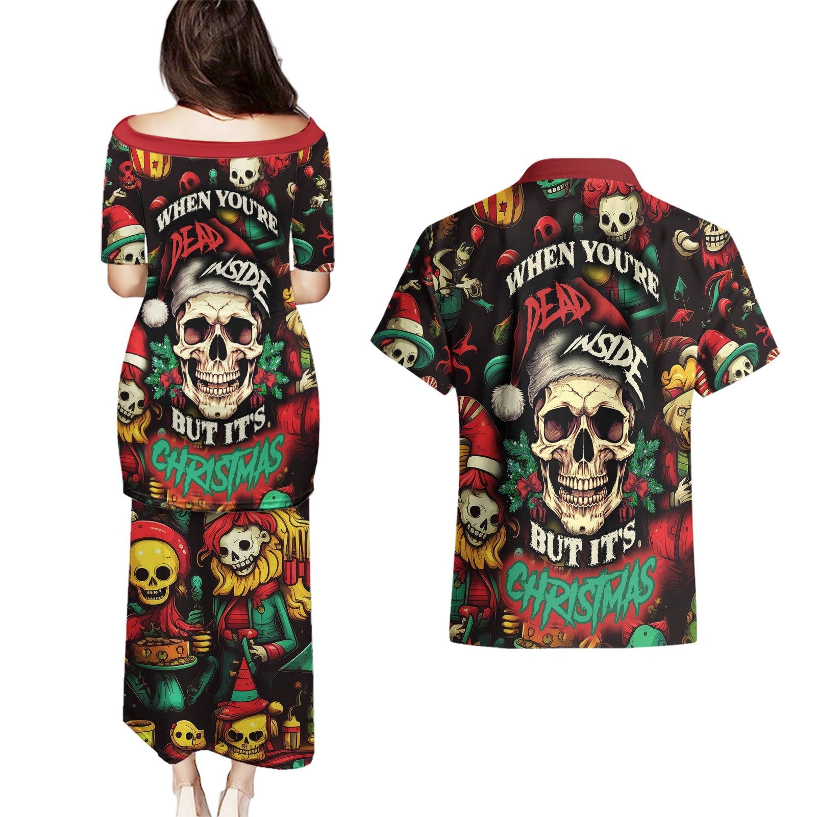 skull-christmas-couples-matching-puletasi-dress-and-hawaiian-shirt-when-youre-dead-inside-but-its-christmas