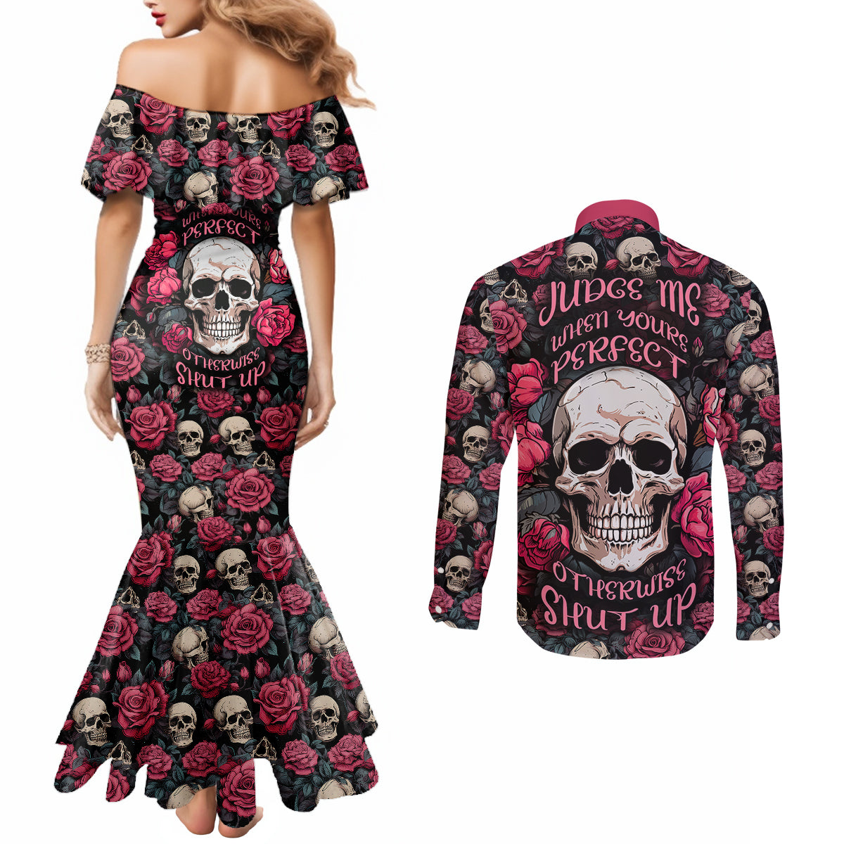 judge-me-when-yours-perfect-otherwise-shut-up-skull-couples-matching-mermaid-dress-and-long-sleeve-button-shirts