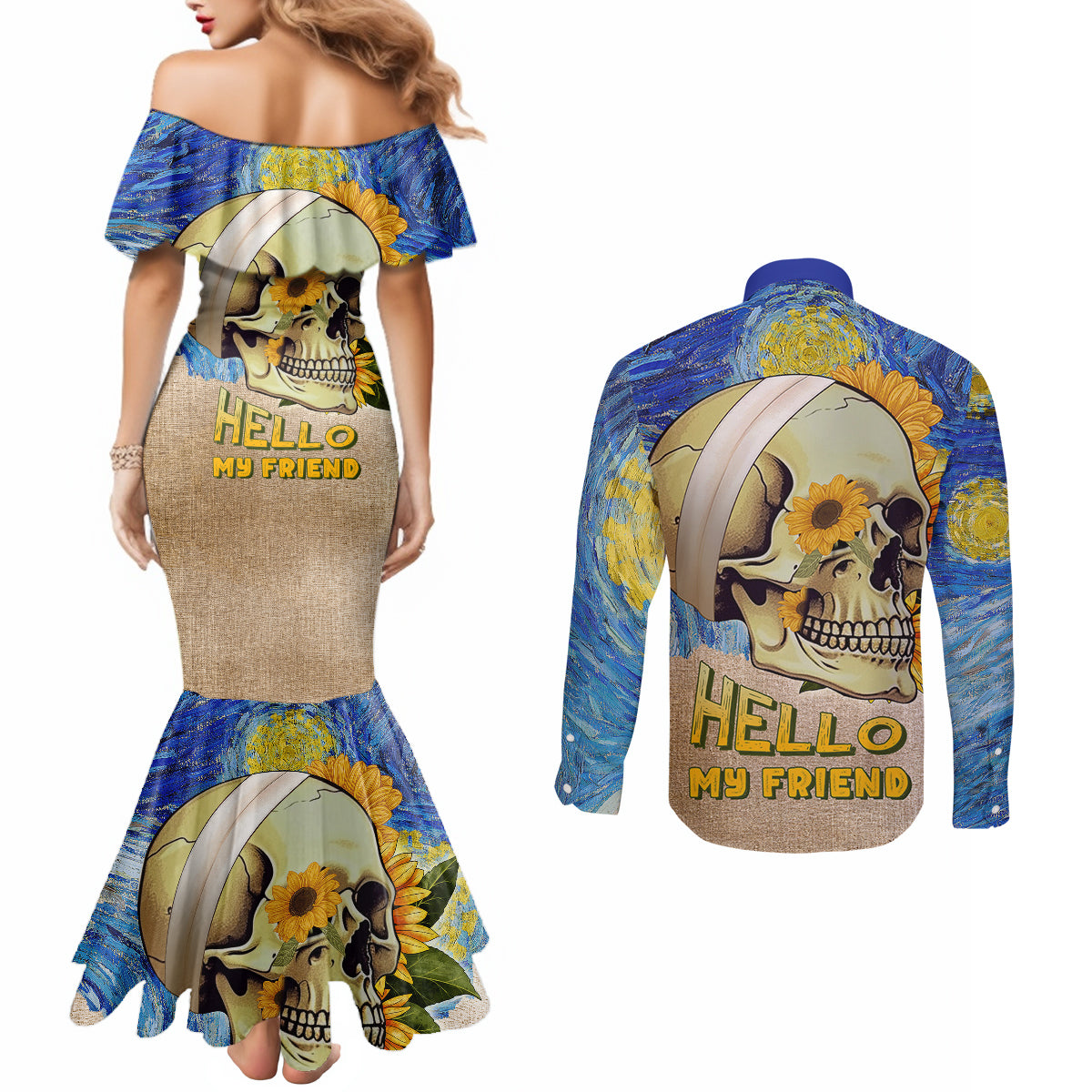 van-gogh-style-skull-couples-matching-mermaid-dress-and-long-sleeve-button-shirts-hello-my-friend