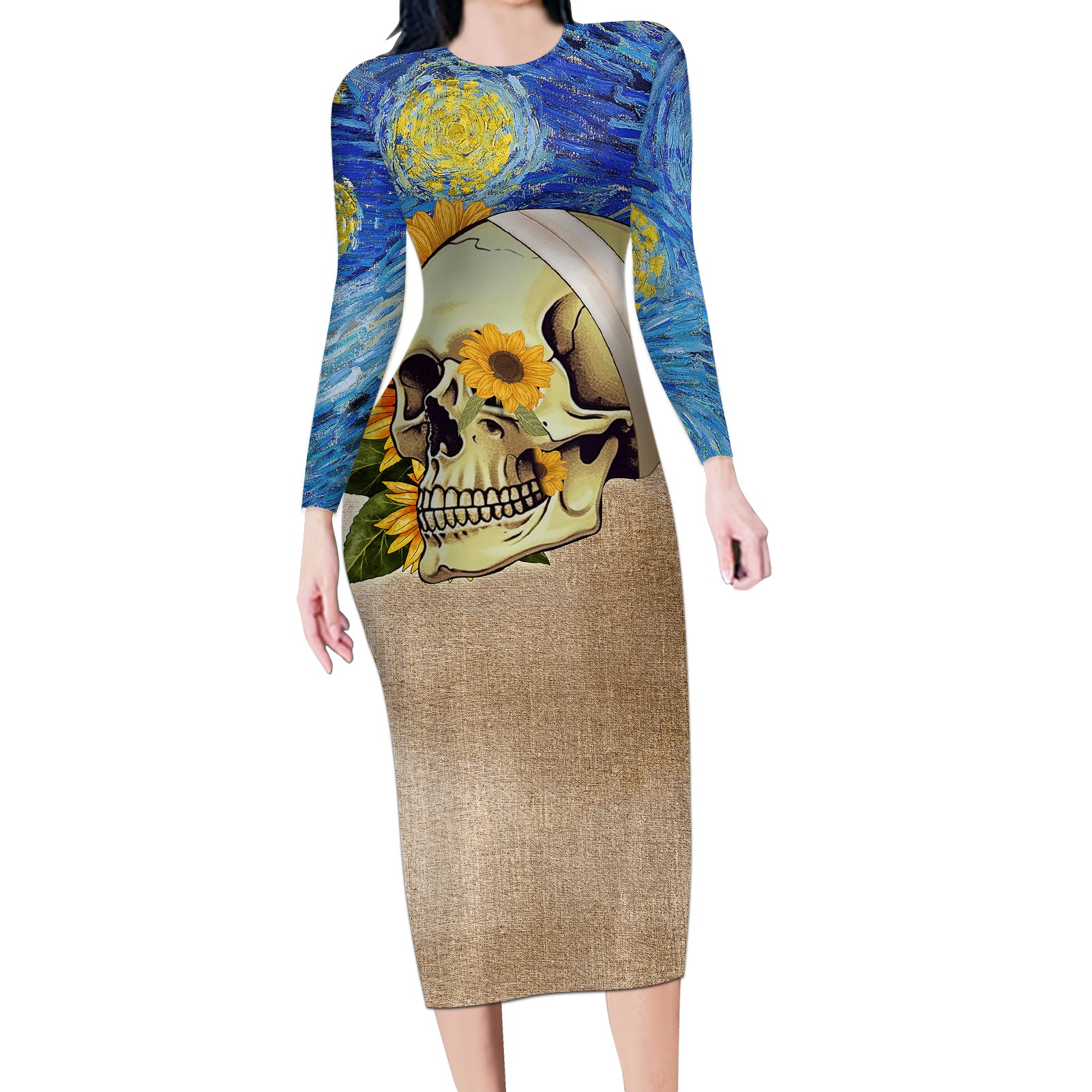van-gogh-style-skull-long-sleeve-bodycon-dress-hello-my-friend