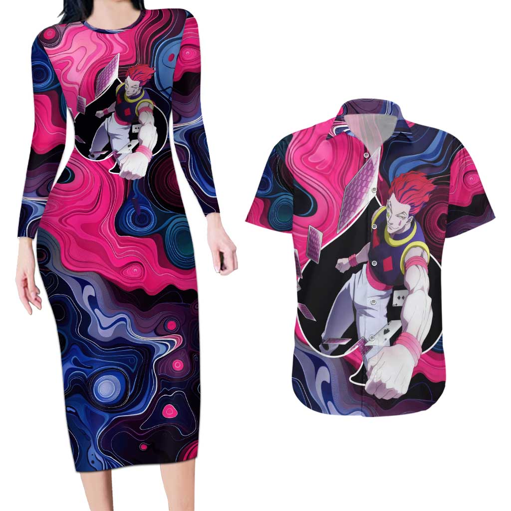 Mystic Faces Hisoka Hunter X Hunter Couples Matching Long Sleeve Bodycon Dress and Hawaiian Shirt Anime Mix Hippie Style - The Mazicc