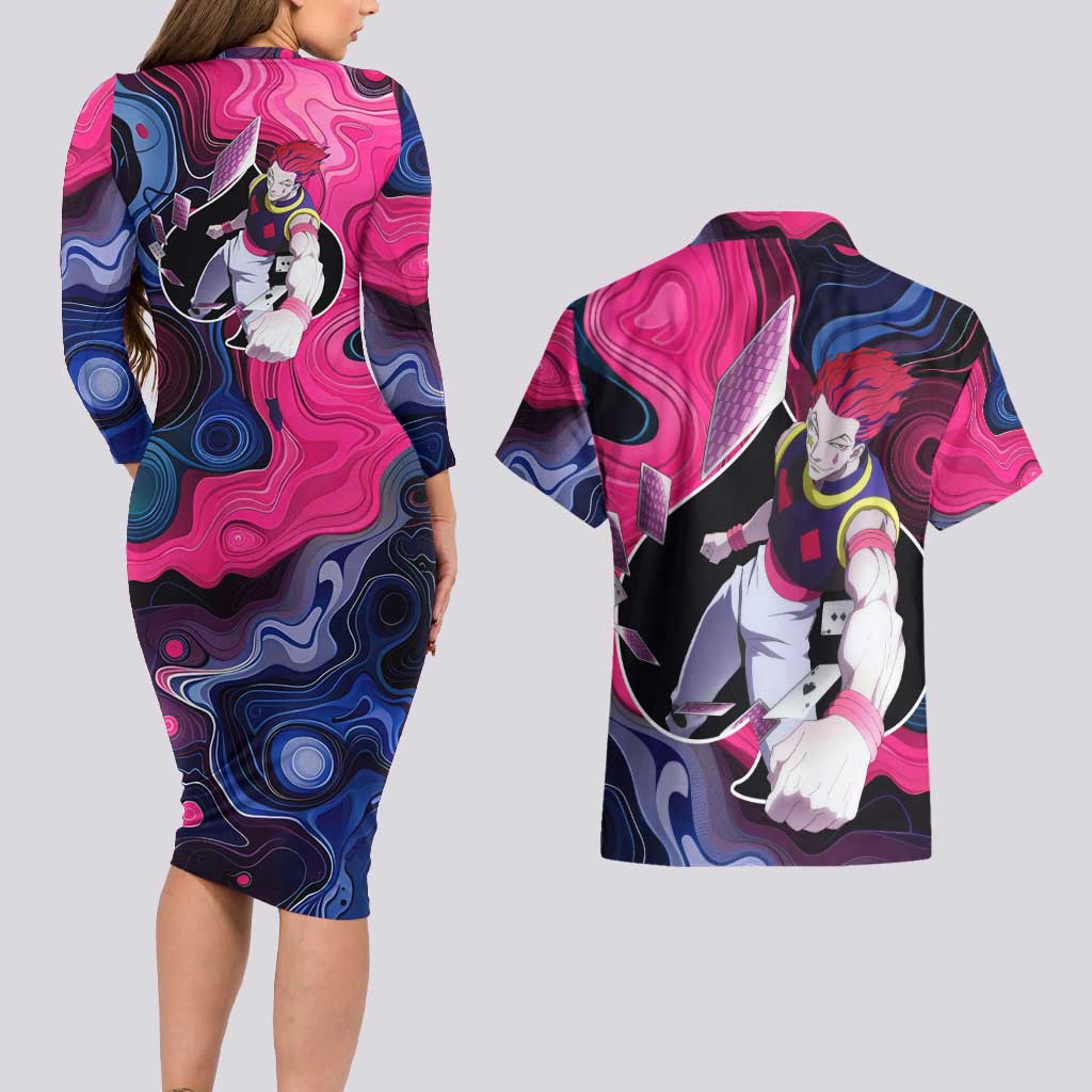 Mystic Faces Hisoka Hunter X Hunter Couples Matching Long Sleeve Bodycon Dress and Hawaiian Shirt Anime Mix Hippie Style - The Mazicc