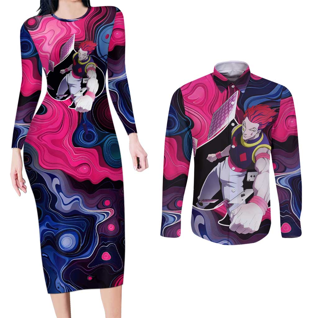 Mystic Faces Hisoka Hunter X Hunter Couples Matching Long Sleeve Bodycon Dress and Long Sleeve Button Shirt Anime Mix Hippie Style - The Mazicc