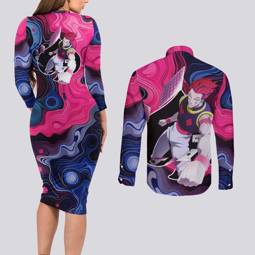 Mystic Faces Hisoka Hunter X Hunter Couples Matching Long Sleeve Bodycon Dress and Long Sleeve Button Shirt Anime Mix Hippie Style - The Mazicc