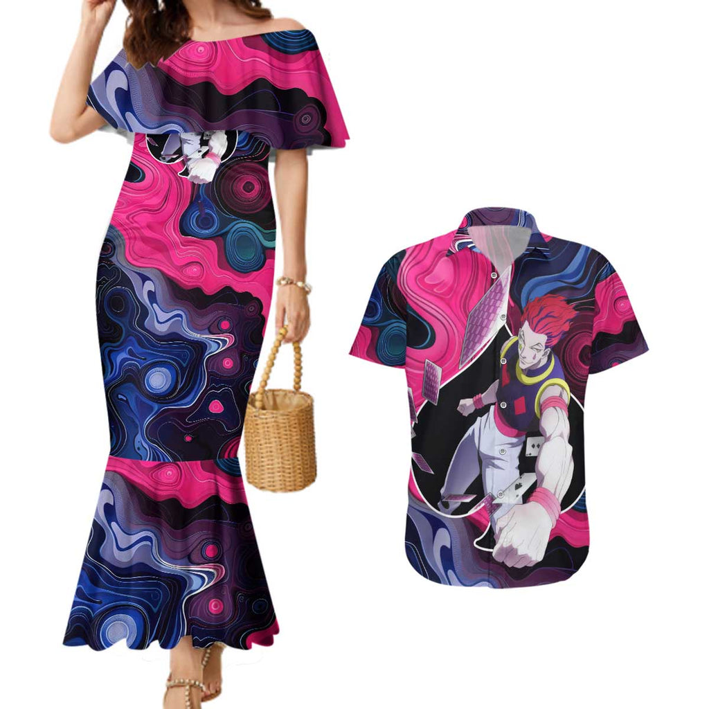 Mystic Faces Hisoka Hunter X Hunter Couples Matching Mermaid Dress and Hawaiian Shirt Anime Mix Hippie Style - The Mazicc