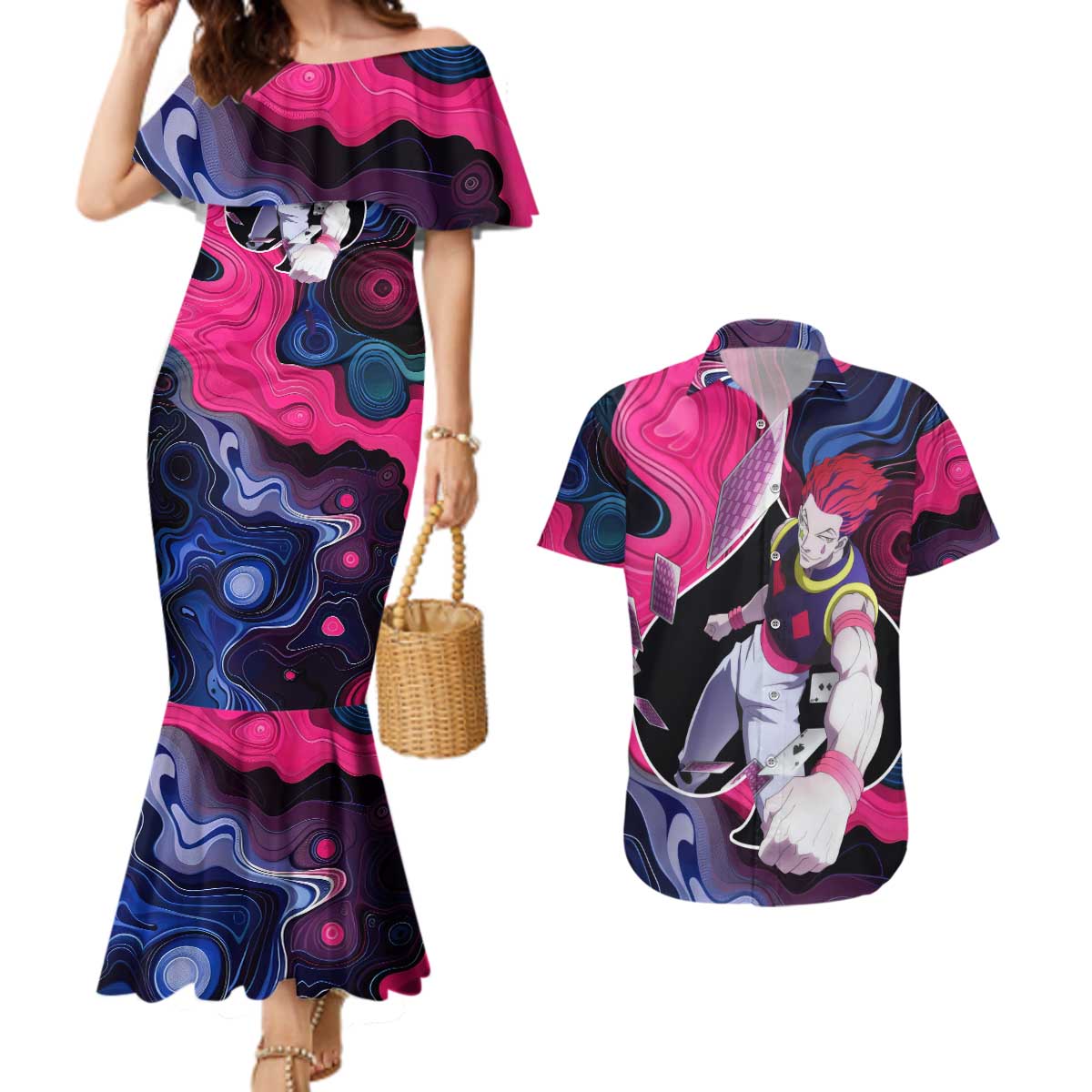 Mystic Faces Hisoka Hunter X Hunter Couples Matching Mermaid Dress and Hawaiian Shirt Anime Mix Hippie Style - The Mazicc