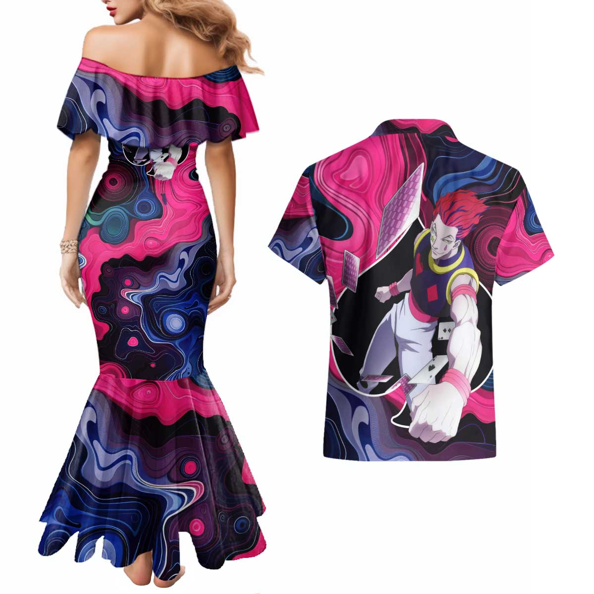 Mystic Faces Hisoka Hunter X Hunter Couples Matching Mermaid Dress and Hawaiian Shirt Anime Mix Hippie Style - The Mazicc