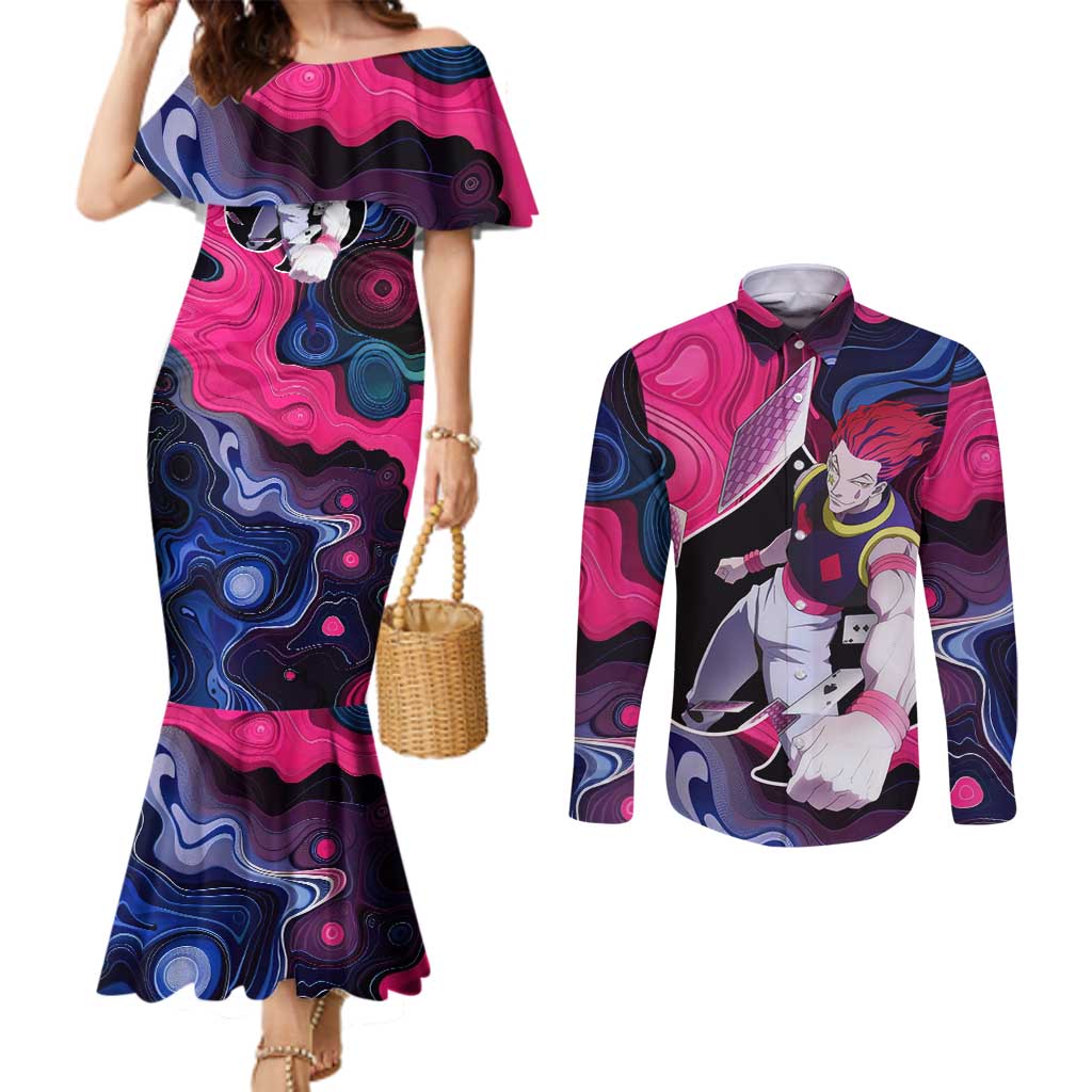 Mystic Faces Hisoka Hunter X Hunter Couples Matching Mermaid Dress and Long Sleeve Button Shirt Anime Mix Hippie Style - The Mazicc