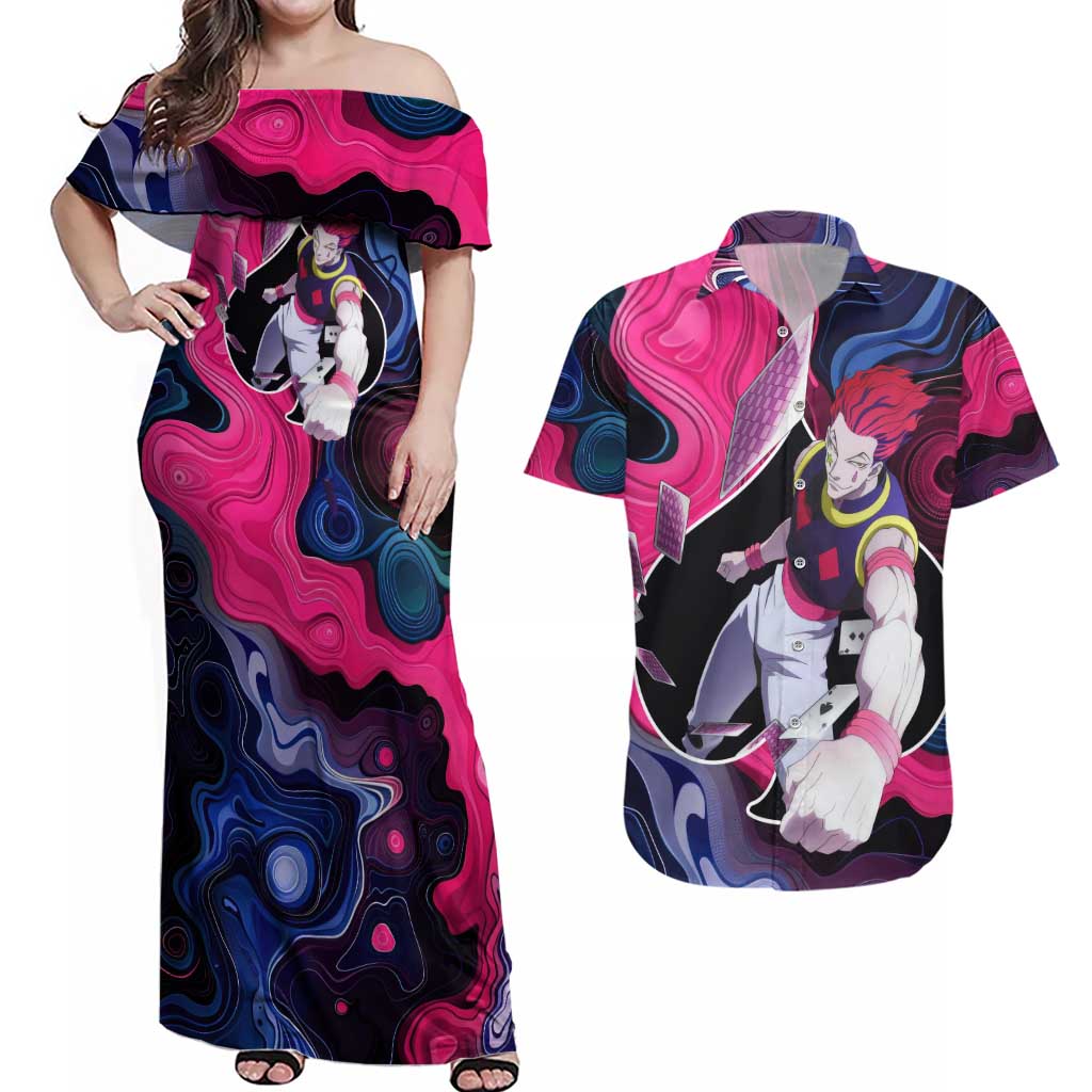 Mystic Faces Hisoka Hunter X Hunter Couples Matching Off Shoulder Maxi Dress and Hawaiian Shirt Anime Mix Hippie Style - The Mazicc