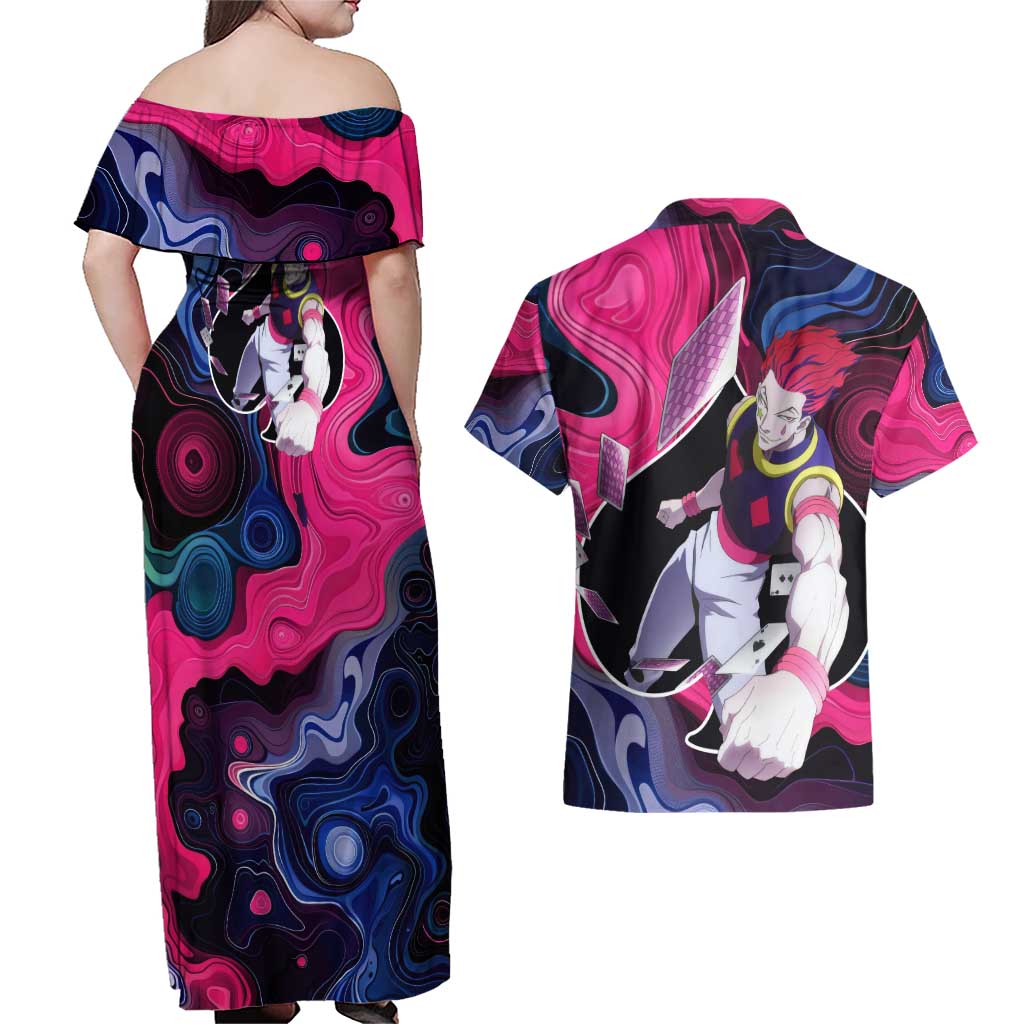 Mystic Faces Hisoka Hunter X Hunter Couples Matching Off Shoulder Maxi Dress and Hawaiian Shirt Anime Mix Hippie Style - The Mazicc