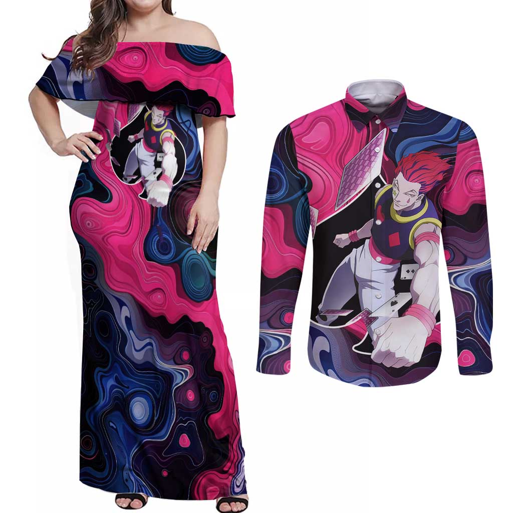 Mystic Faces Hisoka Hunter X Hunter Couples Matching Off Shoulder Maxi Dress and Long Sleeve Button Shirt Anime Mix Hippie Style - The Mazicc