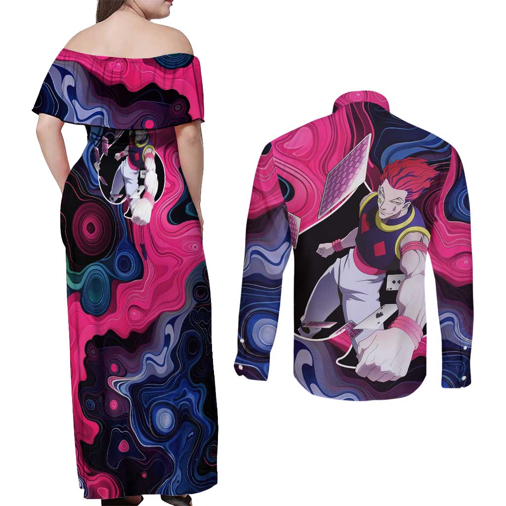 Mystic Faces Hisoka Hunter X Hunter Couples Matching Off Shoulder Maxi Dress and Long Sleeve Button Shirt Anime Mix Hippie Style - The Mazicc