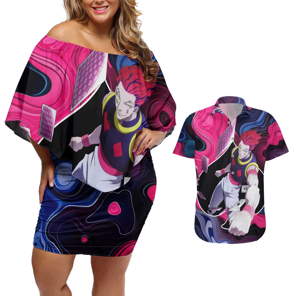 Mystic Faces Hisoka Hunter X Hunter Couples Matching Off Shoulder Short Dress and Hawaiian Shirt Anime Mix Hippie Style - The Mazicc