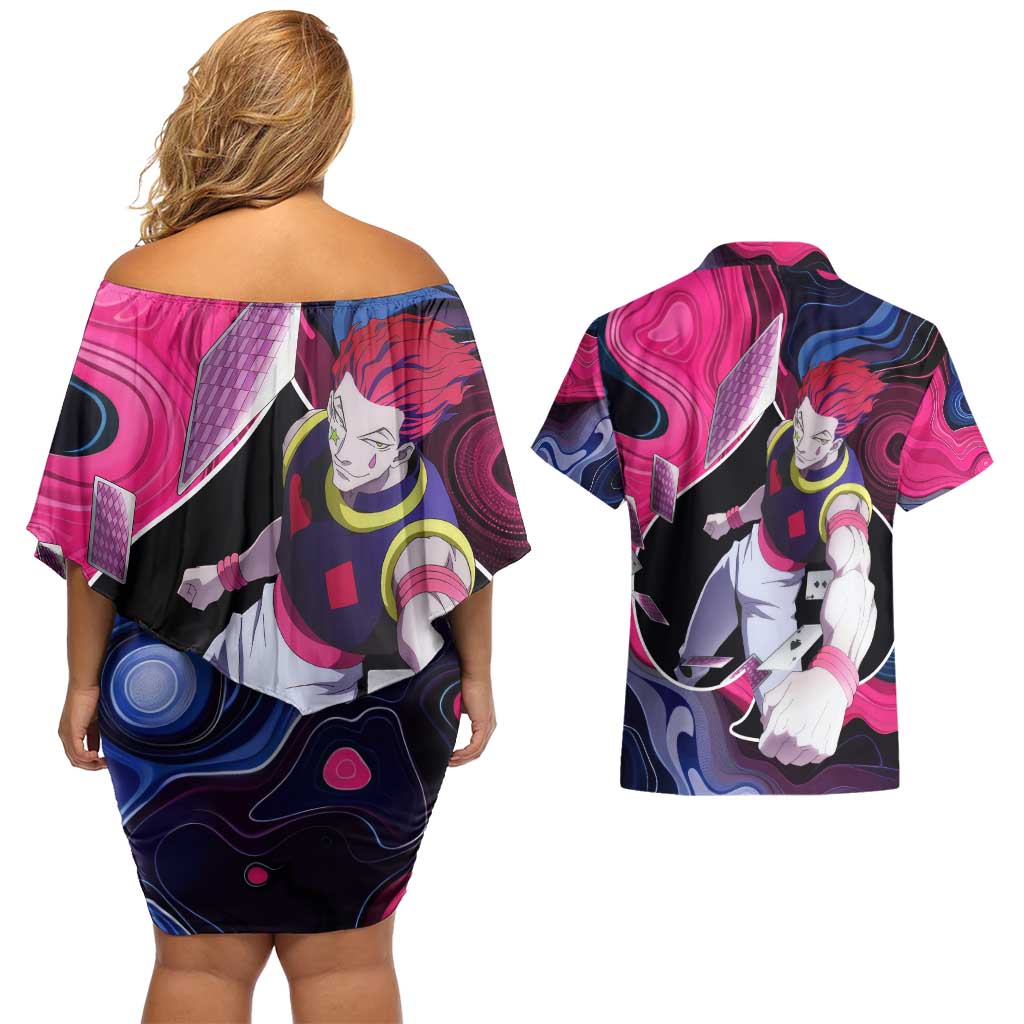 Mystic Faces Hisoka Hunter X Hunter Couples Matching Off Shoulder Short Dress and Hawaiian Shirt Anime Mix Hippie Style - The Mazicc