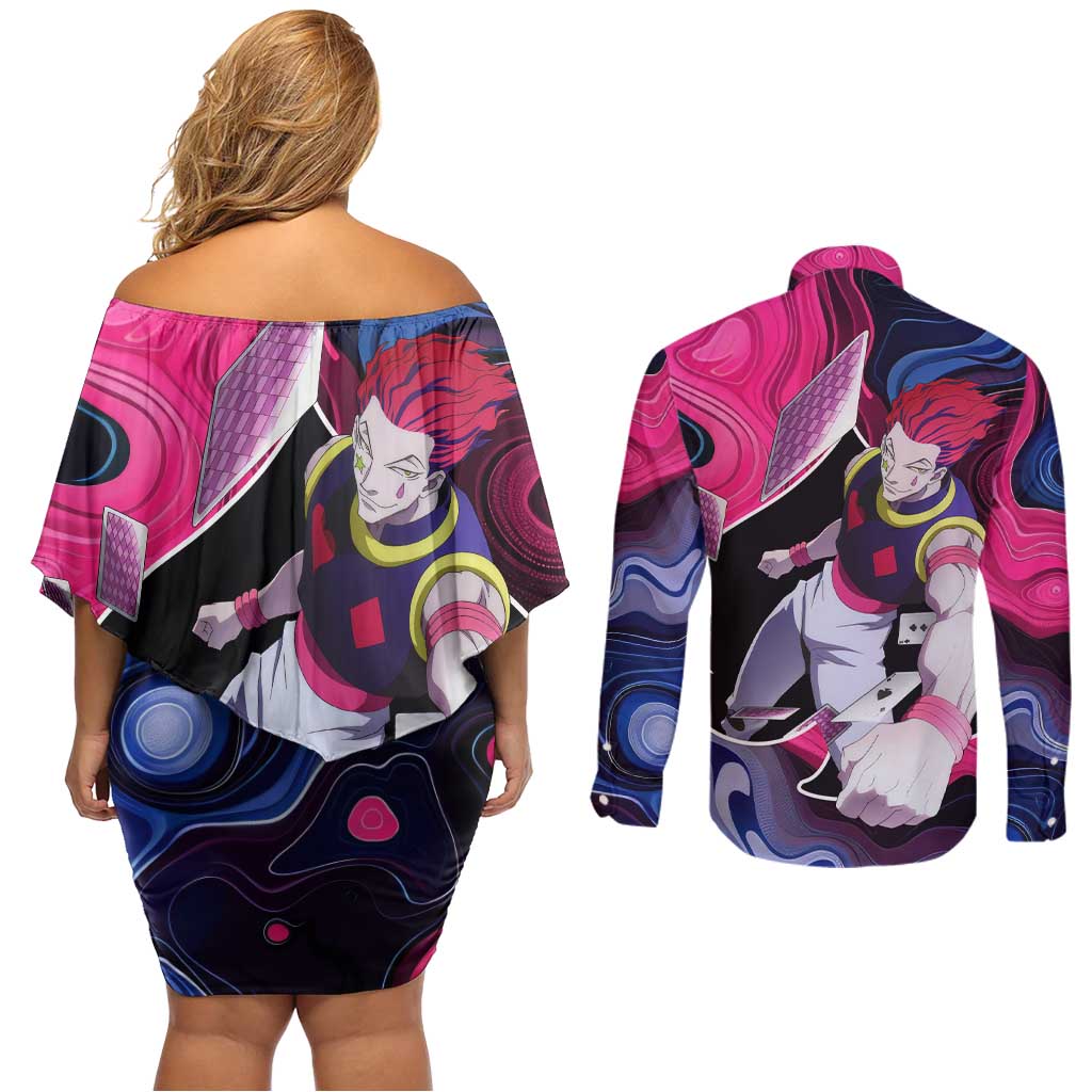Mystic Faces Hisoka Hunter X Hunter Couples Matching Off Shoulder Short Dress and Long Sleeve Button Shirt Anime Mix Hippie Style - The Mazicc