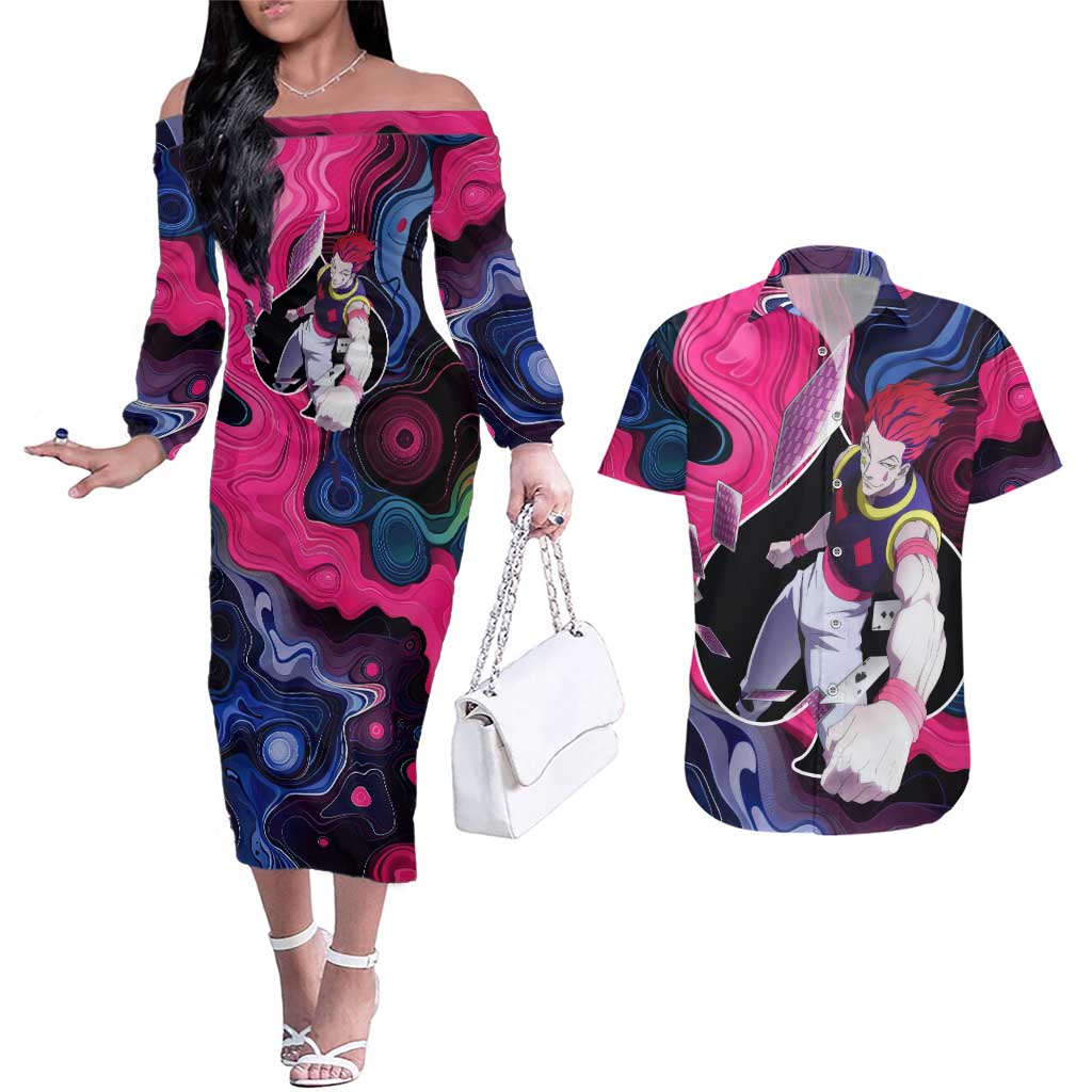 Mystic Faces Hisoka Hunter X Hunter Couples Matching Off The Shoulder Long Sleeve Dress and Hawaiian Shirt Anime Mix Hippie Style - The Mazicc
