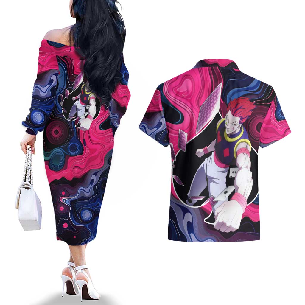 Mystic Faces Hisoka Hunter X Hunter Couples Matching Off The Shoulder Long Sleeve Dress and Hawaiian Shirt Anime Mix Hippie Style - The Mazicc