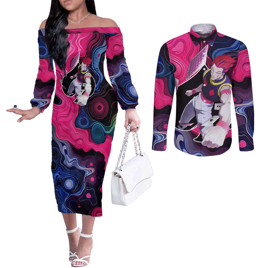 Mystic Faces Hisoka Hunter X Hunter Couples Matching Off The Shoulder Long Sleeve Dress and Long Sleeve Button Shirt Anime Mix Hippie Style - The Mazicc