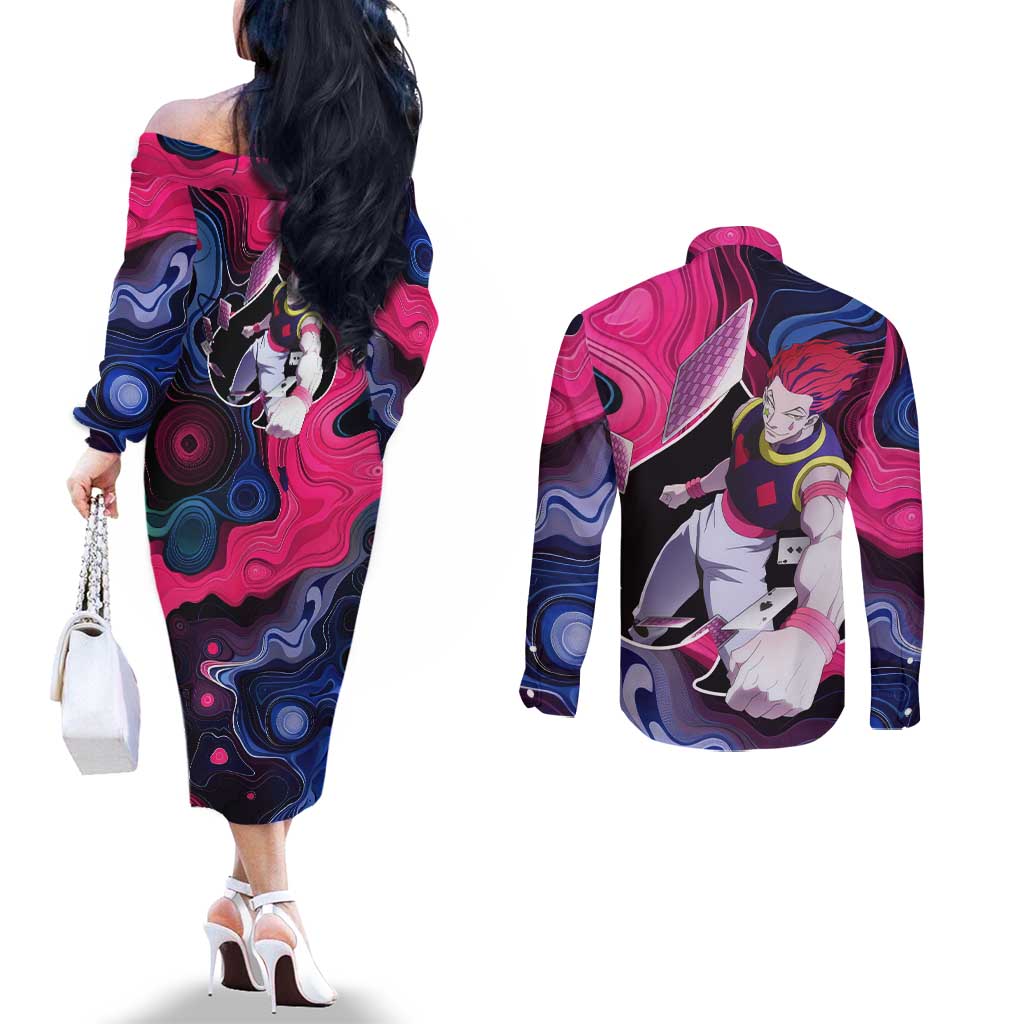 Mystic Faces Hisoka Hunter X Hunter Couples Matching Off The Shoulder Long Sleeve Dress and Long Sleeve Button Shirt Anime Mix Hippie Style - The Mazicc