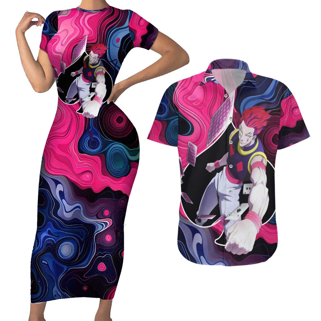 Mystic Faces Hisoka Hunter X Hunter Couples Matching Short Sleeve Bodycon Dress and Hawaiian Shirt Anime Mix Hippie Style - The Mazicc