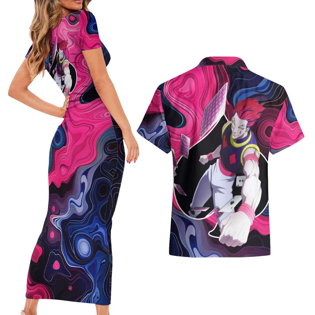 Mystic Faces Hisoka Hunter X Hunter Couples Matching Short Sleeve Bodycon Dress and Hawaiian Shirt Anime Mix Hippie Style - The Mazicc