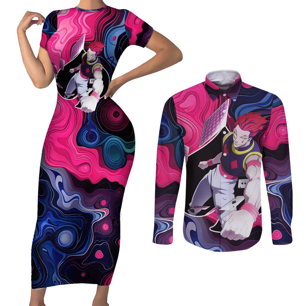 Mystic Faces Hisoka Hunter X Hunter Couples Matching Short Sleeve Bodycon Dress and Long Sleeve Button Shirt Anime Mix Hippie Style - The Mazicc