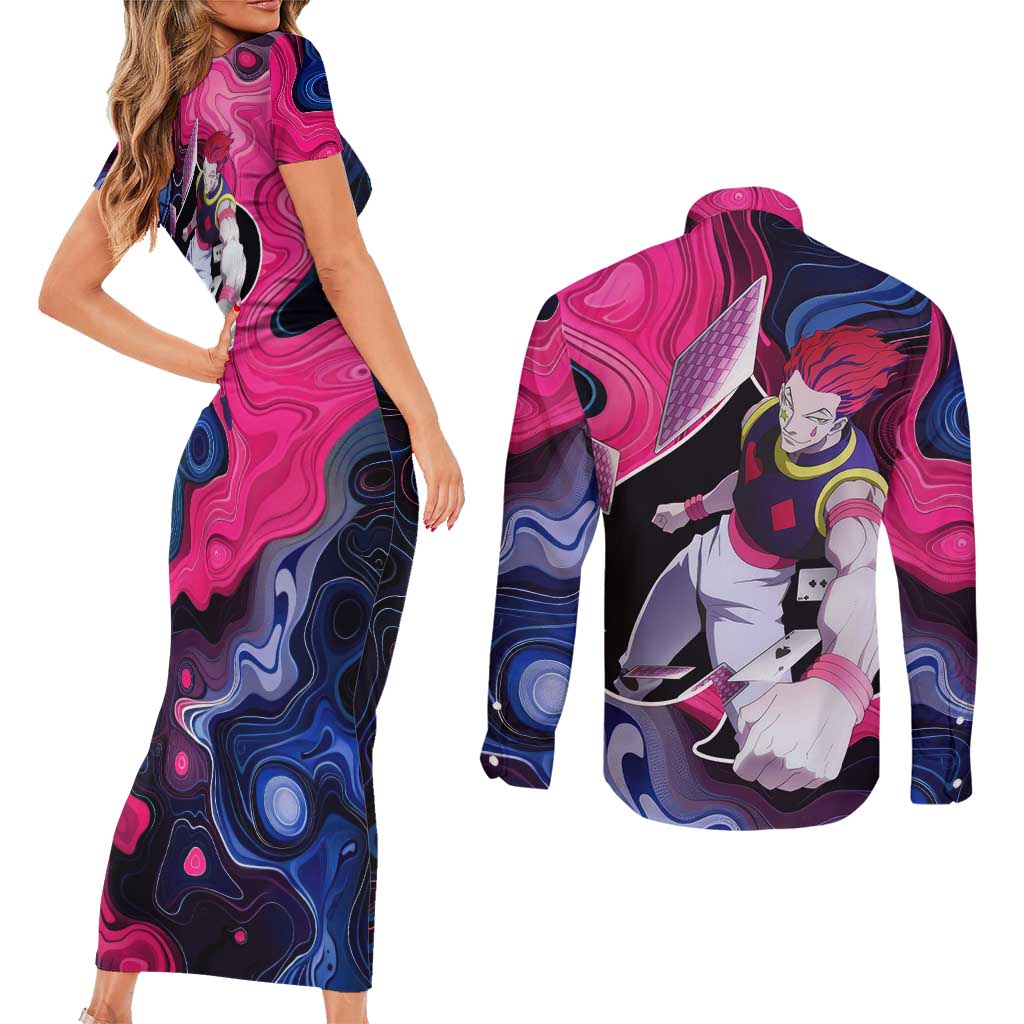 Mystic Faces Hisoka Hunter X Hunter Couples Matching Short Sleeve Bodycon Dress and Long Sleeve Button Shirt Anime Mix Hippie Style - The Mazicc