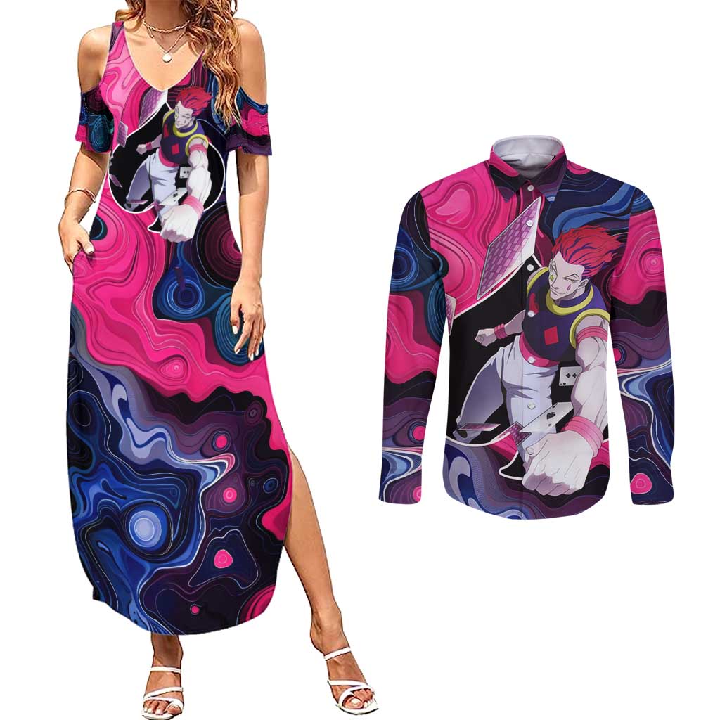 Mystic Faces Hisoka Hunter X Hunter Couples Matching Summer Maxi Dress and Long Sleeve Button Shirt Anime Mix Hippie Style - The Mazicc