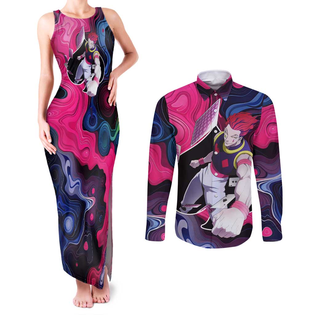 Mystic Faces Hisoka Hunter X Hunter Couples Matching Tank Maxi Dress and Long Sleeve Button Shirt Anime Mix Hippie Style - The Mazicc