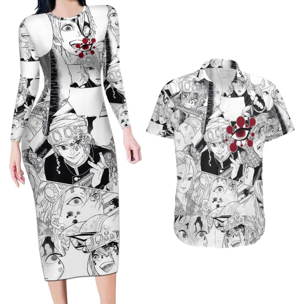 Uzui Tengen Manga Collage Demon Slayer Couples Matching Long Sleeve Bodycon Dress and Hawaiian Shirt Anime Style